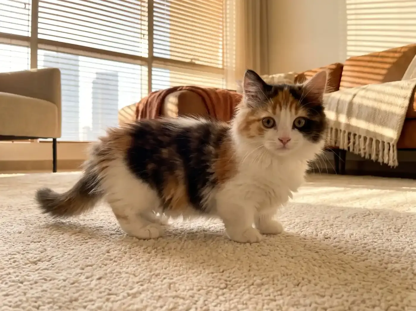 Munchkin in Dubai, a fluffy calico kitten standing on a cream rug, the city through the blinds