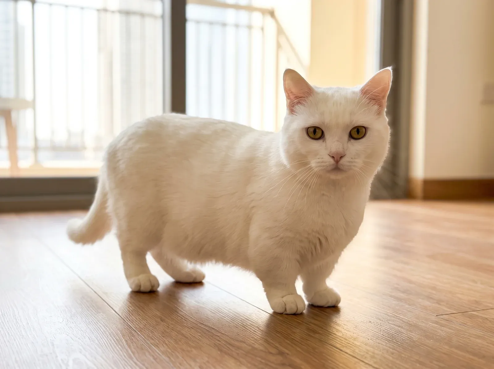 Munchkin, a white adult standing on short legs on a timber floor by a shaded balcony door