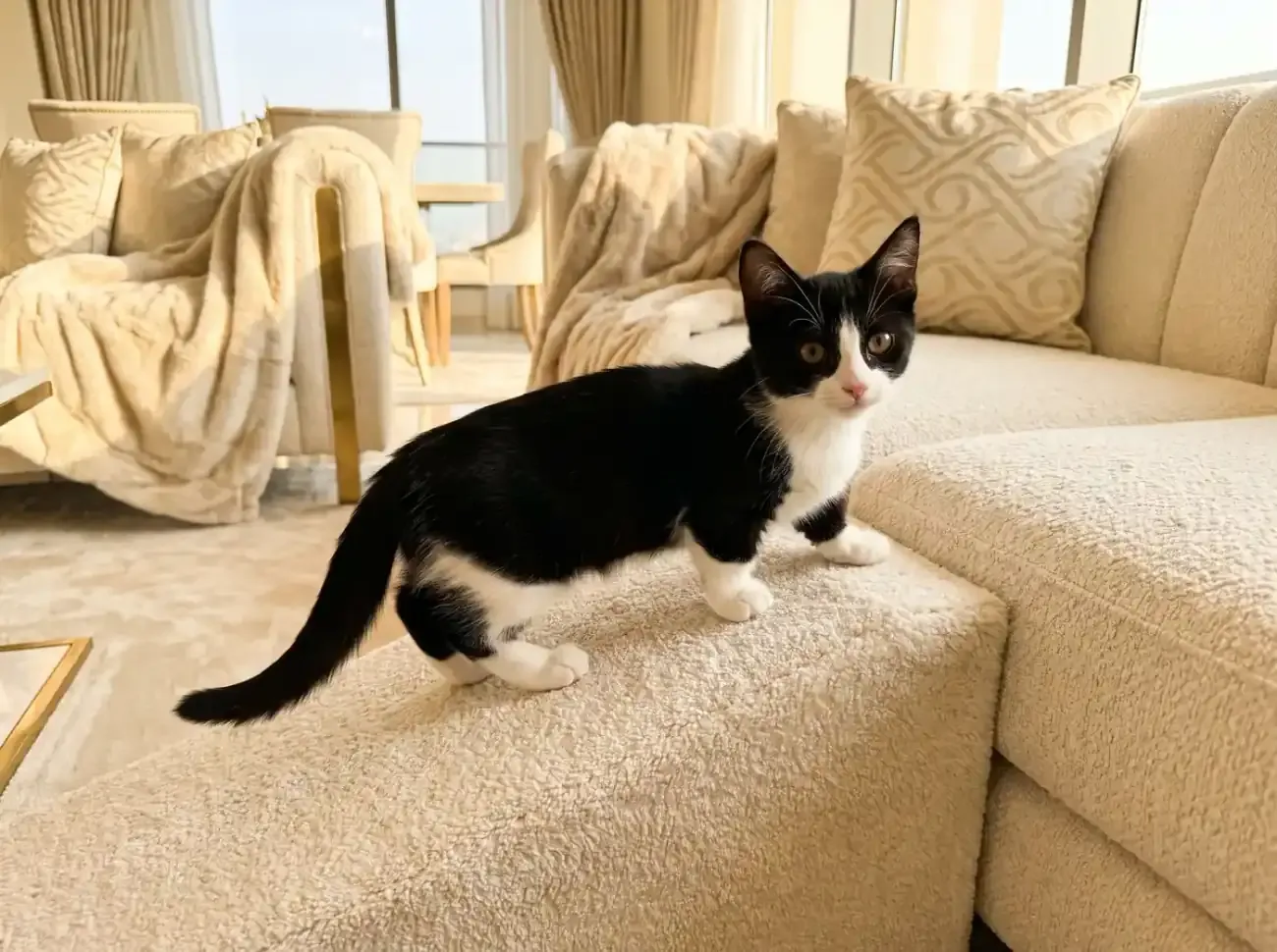 Munchkin in Dubai, a black and white kitten walking up a carpeted ramp beside a cream sofa