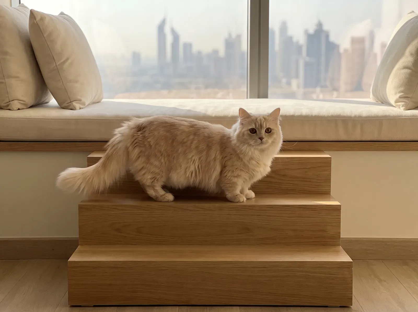 Munchkin in Dubai, a cream longhaired adult on timber steps up to a window seat, skyline beyond