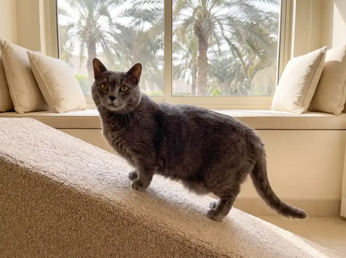 Munchkin in Dubai, an older blue cat on a carpeted ramp to a window seat, date palms outside