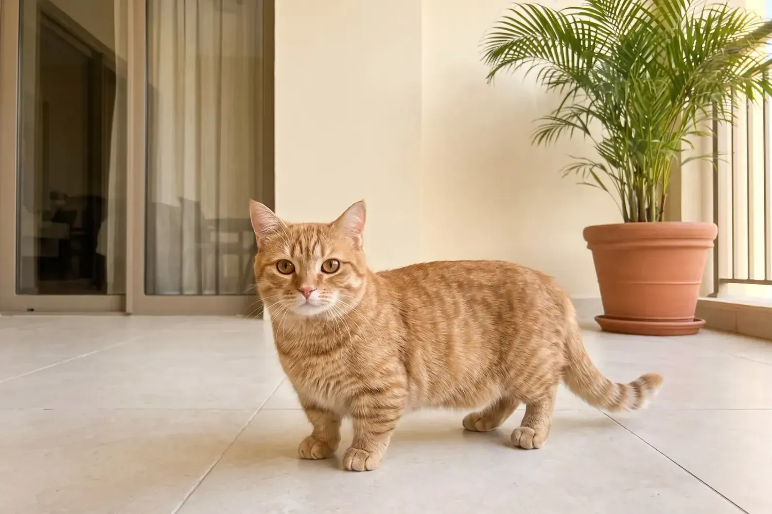 Munchkin history, the breed today, a ginger adult on a tiled balcony, Dubai, 2026