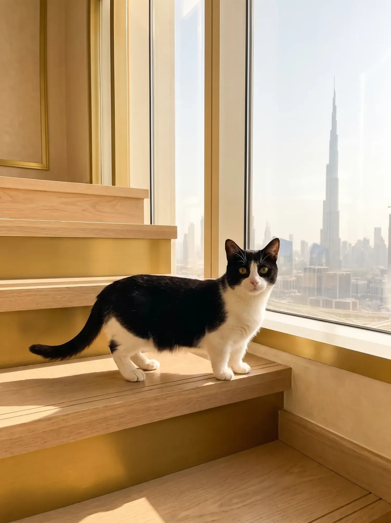 Munchkin in Dubai, the same cat on low timber steps by a window, the Burj Khalifa behind