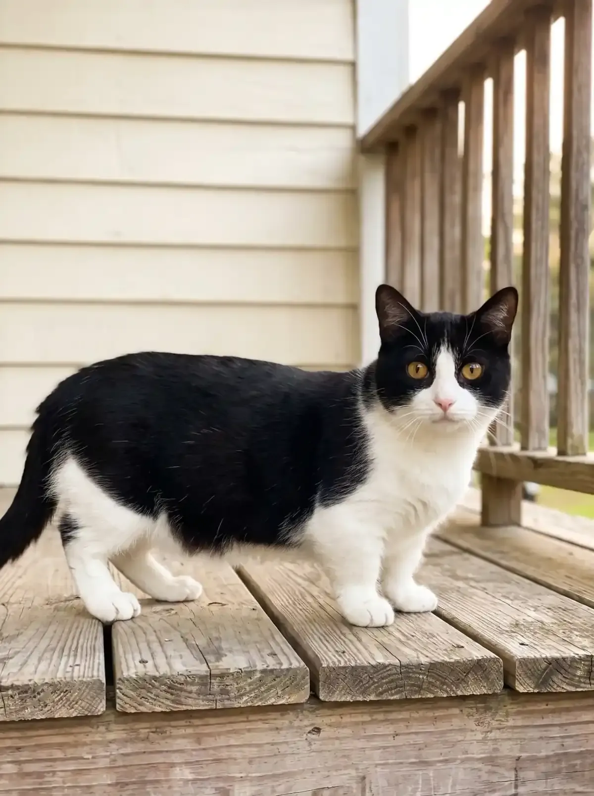 Munchkin, a black and white adult standing on short legs on a wooden house porch