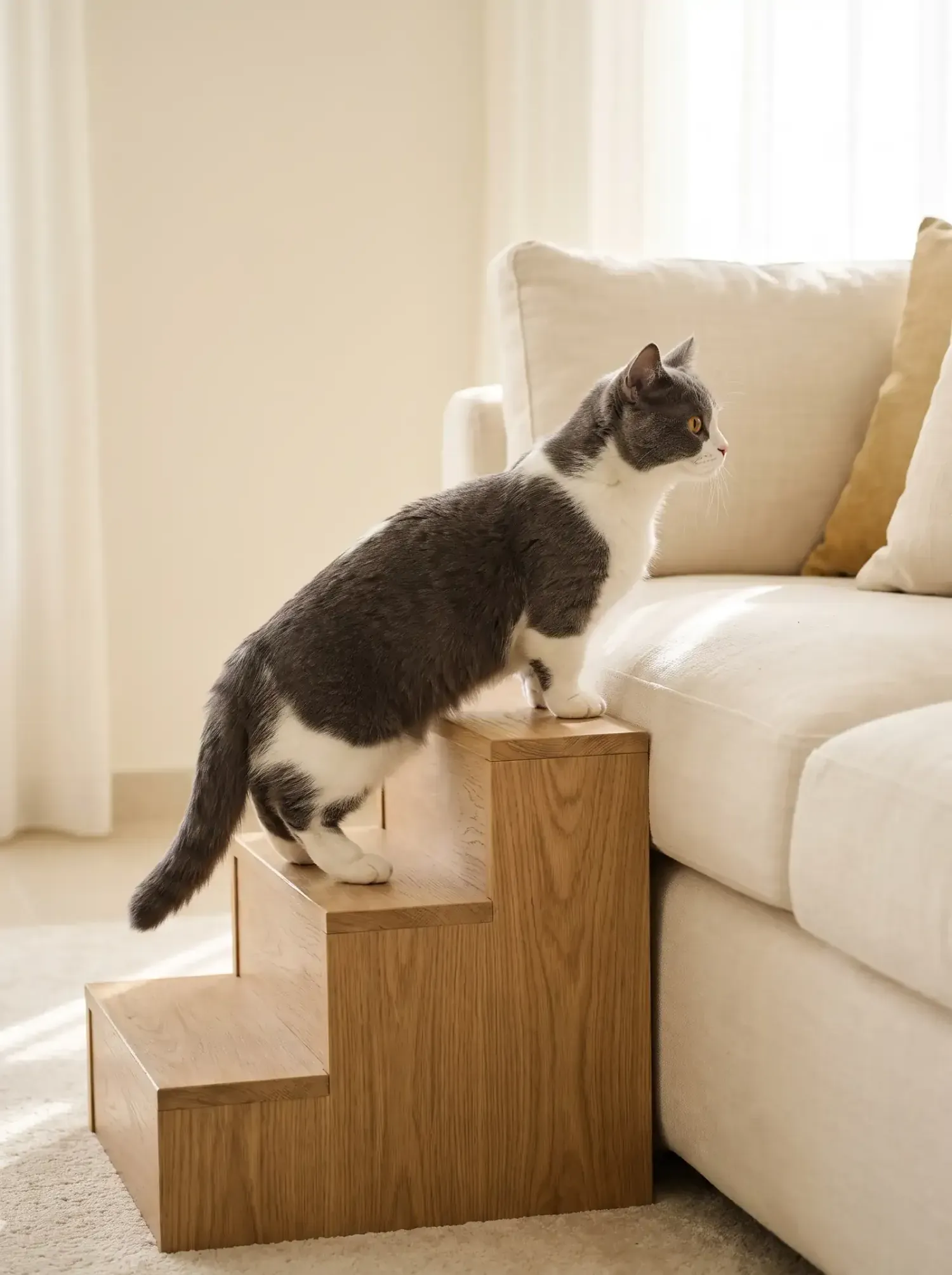 Munchkin, a grey and white adult climbing timber pet steps up to a cream sofa