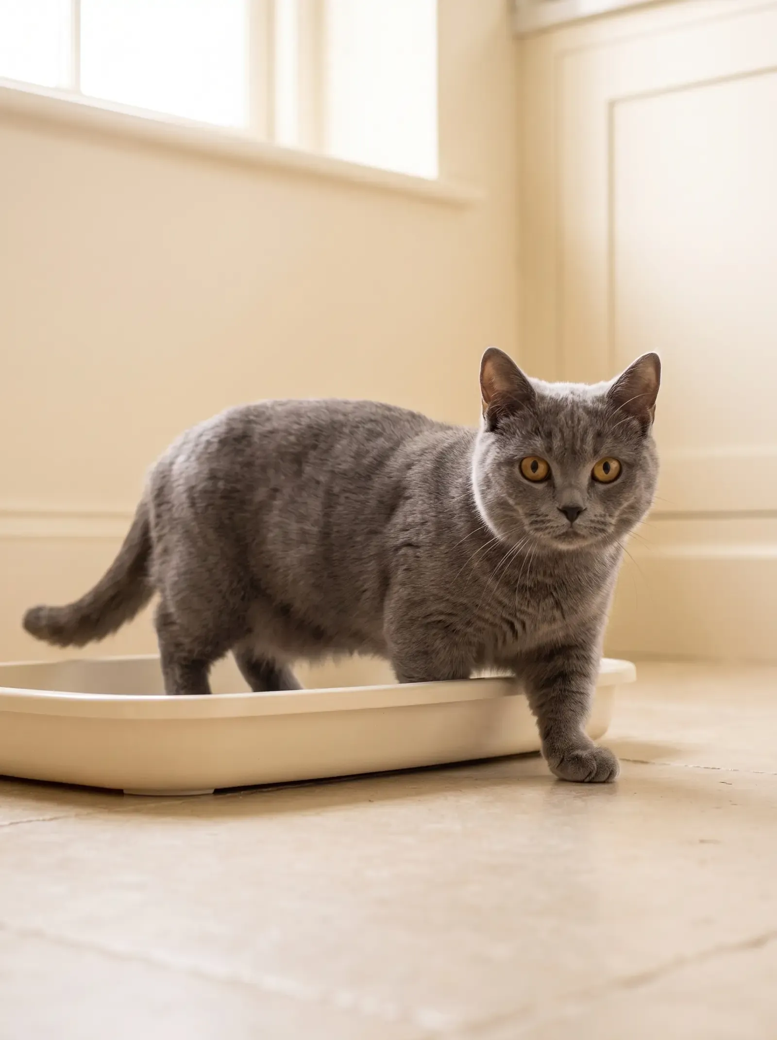 Munchkin, a blue adult stepping out of a shallow litter tray in a tidy utility room