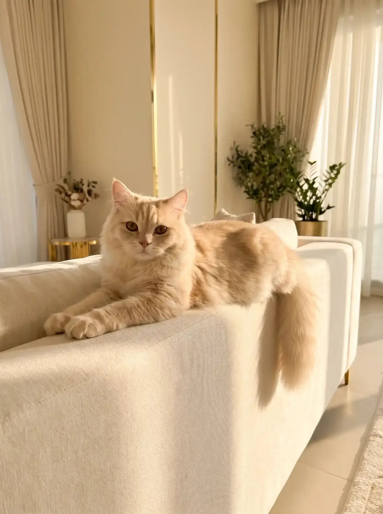Munchkin, a cream longhaired adult stretched along the back of a cream sofa