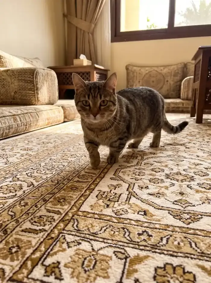 Munchkin in Dubai, a brown tabby adult walking across a patterned rug by majlis cushions