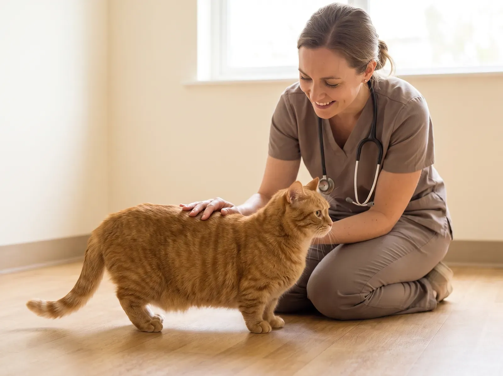 Munchkin, a ginger adult on short legs, a smiling vet in taupe scrubs kneeling with a hand on their back
