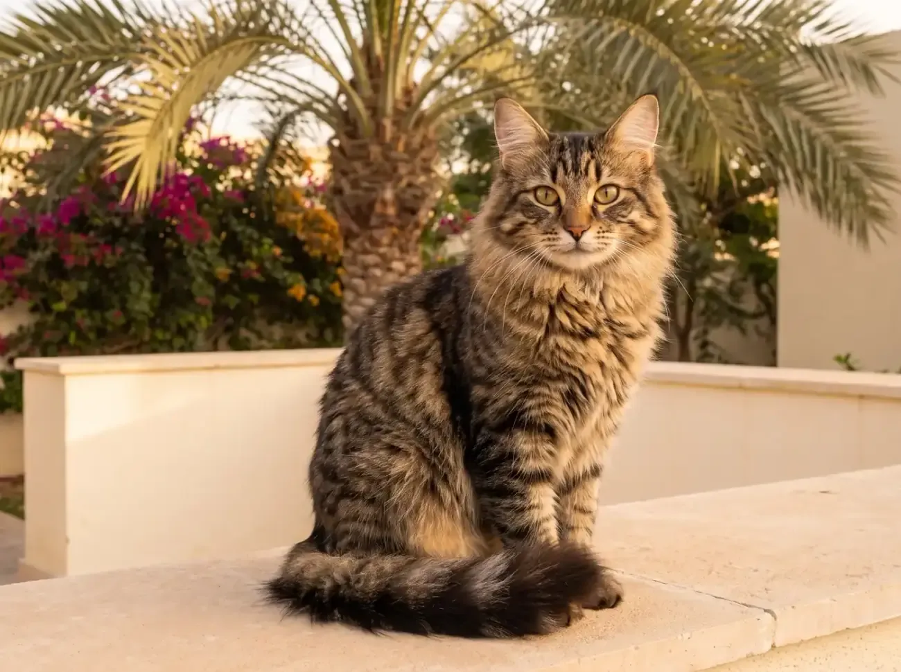 Norwegian Forest Cat in Dubai, a brown tabby adult sitting on a stone terrace, bougainvillea and a date palm behind