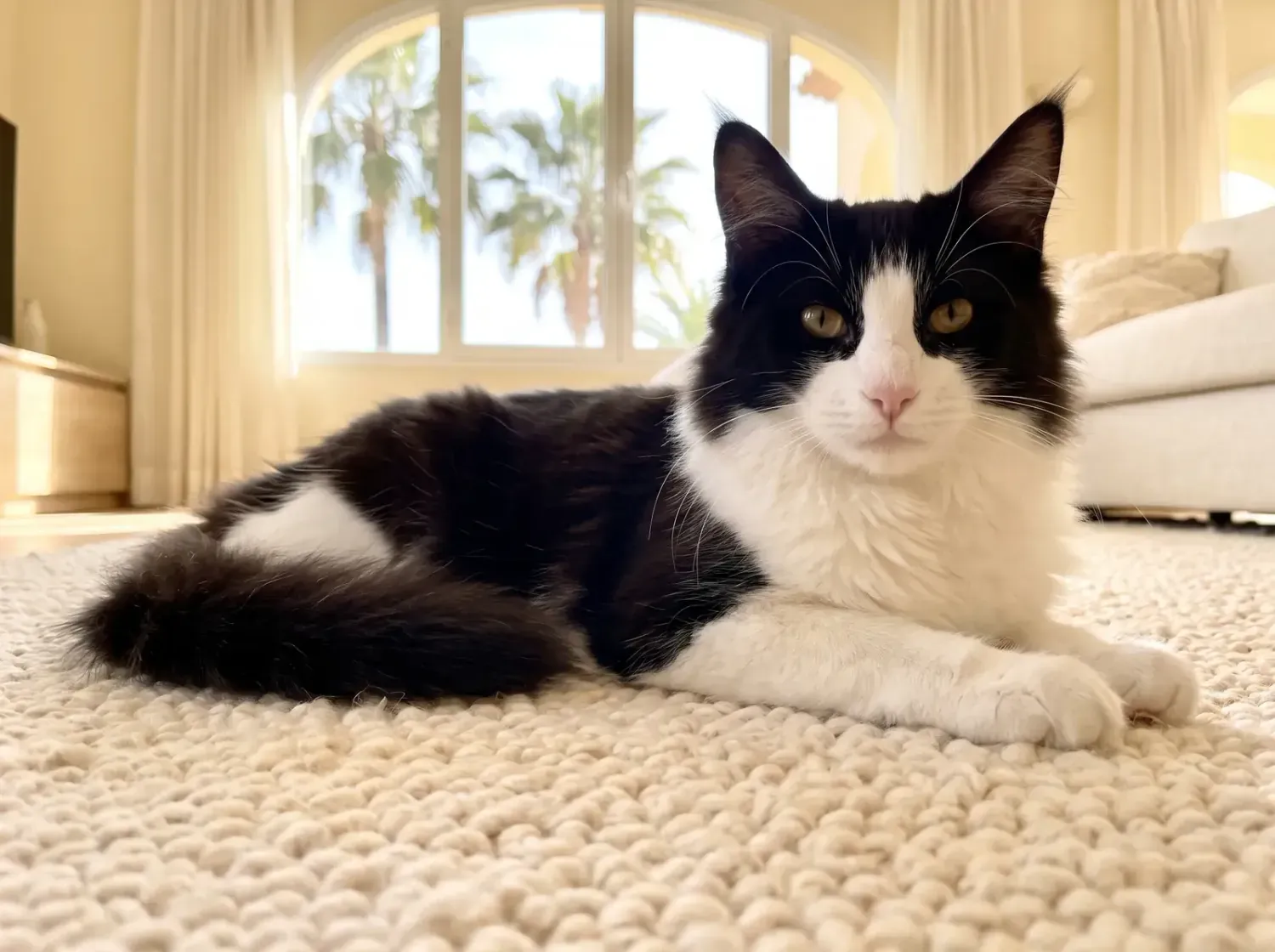 Norwegian Forest Cat in Dubai, a young black and white cat lying on a cream wool rug, palms through an arched window