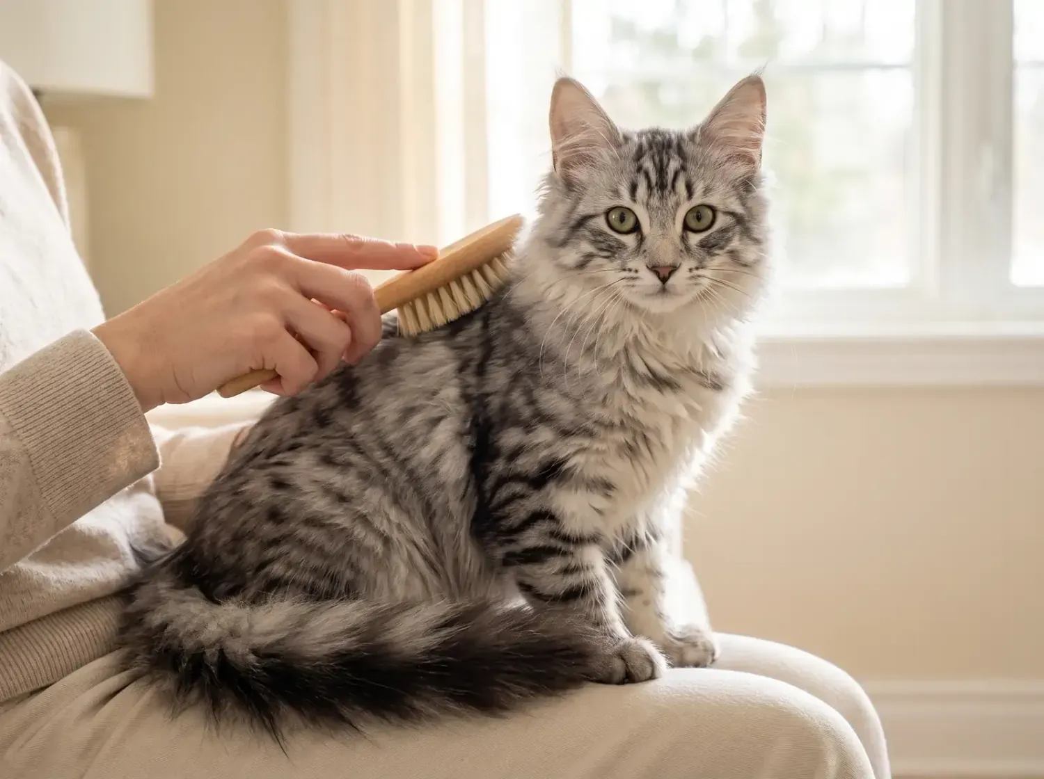 Norwegian Forest Cat, a silver tabby kitten being brushed gently on a lap