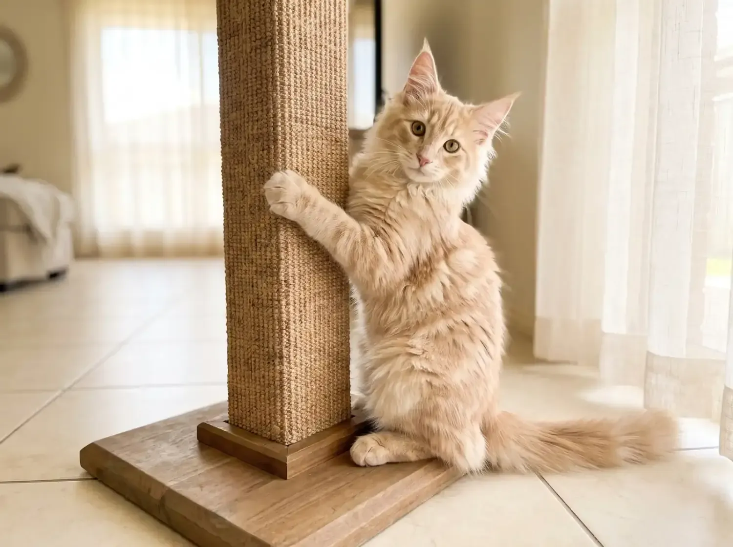 Norwegian Forest Cat, a cream tabby kitten climbing a sisal scratching post on a tiled floor
