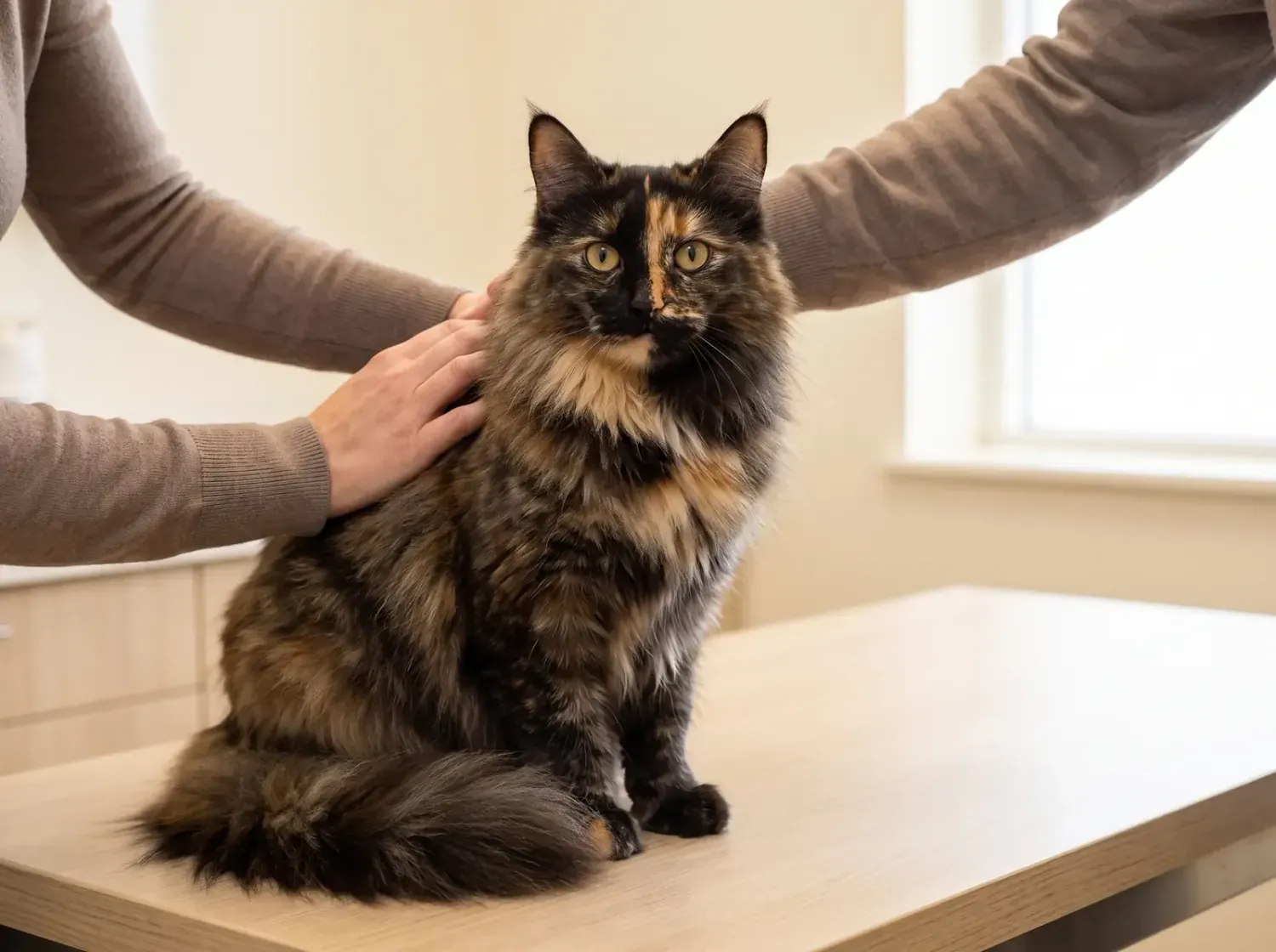 Norwegian Forest Cat, a tortoiseshell adult on a consultation table, steadied by hands in taupe sleeves