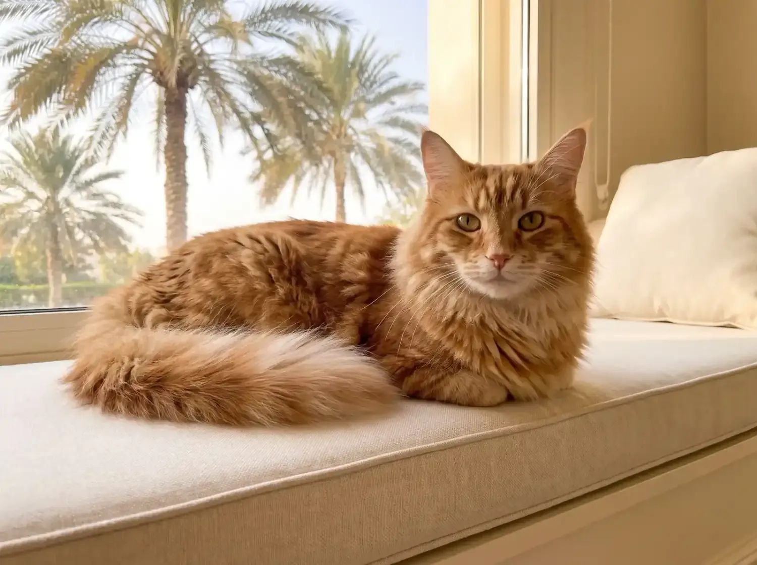 Norwegian Forest Cat in Dubai, an older red tabby cat resting on a window seat, date palms outside