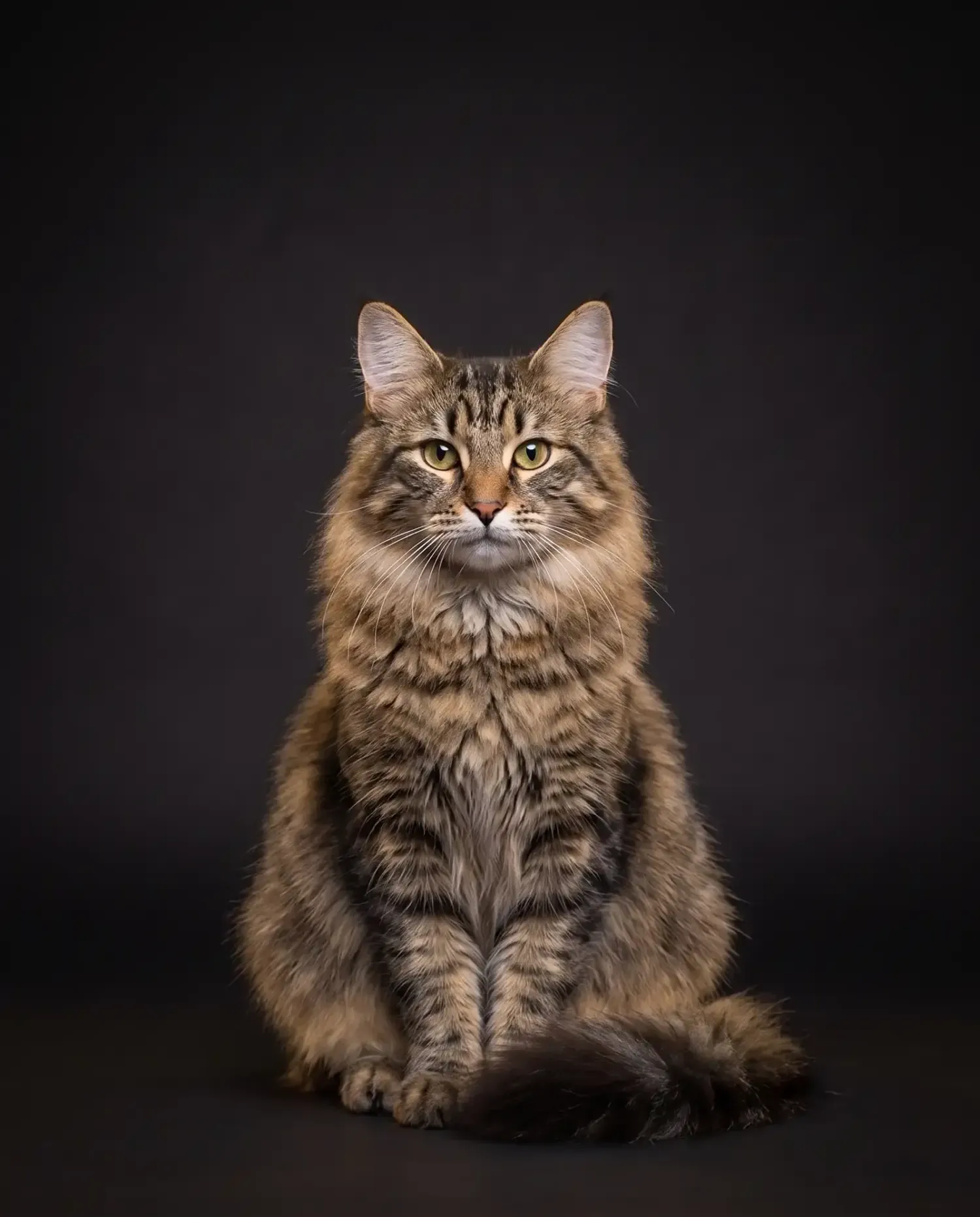 Norwegian Forest Cat in Dubai, studio portrait of a calm brown tabby adult with green eyes, sitting