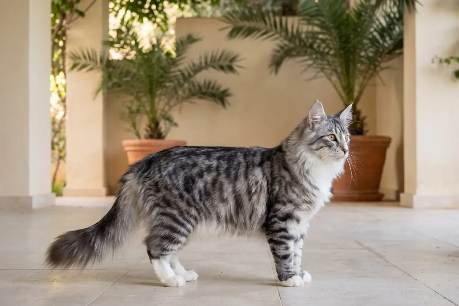 Norwegian Forest Cat history, the breed today, a silver tabby and white adult on a shaded villa terrace, Dubai, 2026