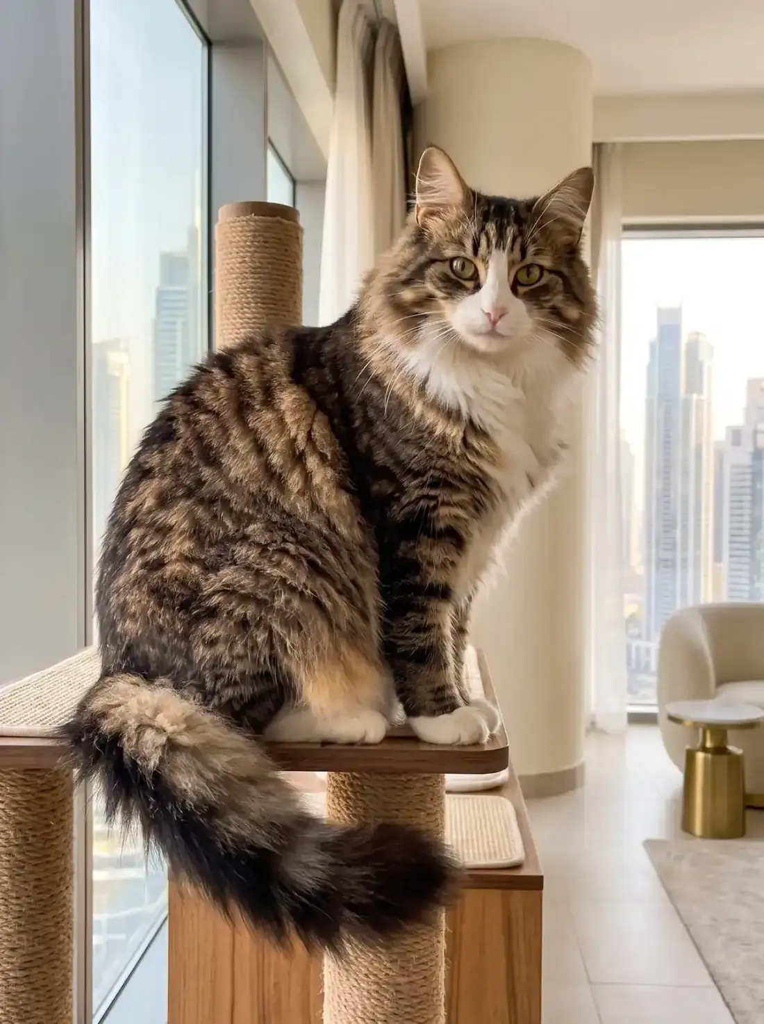 Norwegian Forest Cat in Dubai, the same cat on a tall cat tree, the skyline through the window