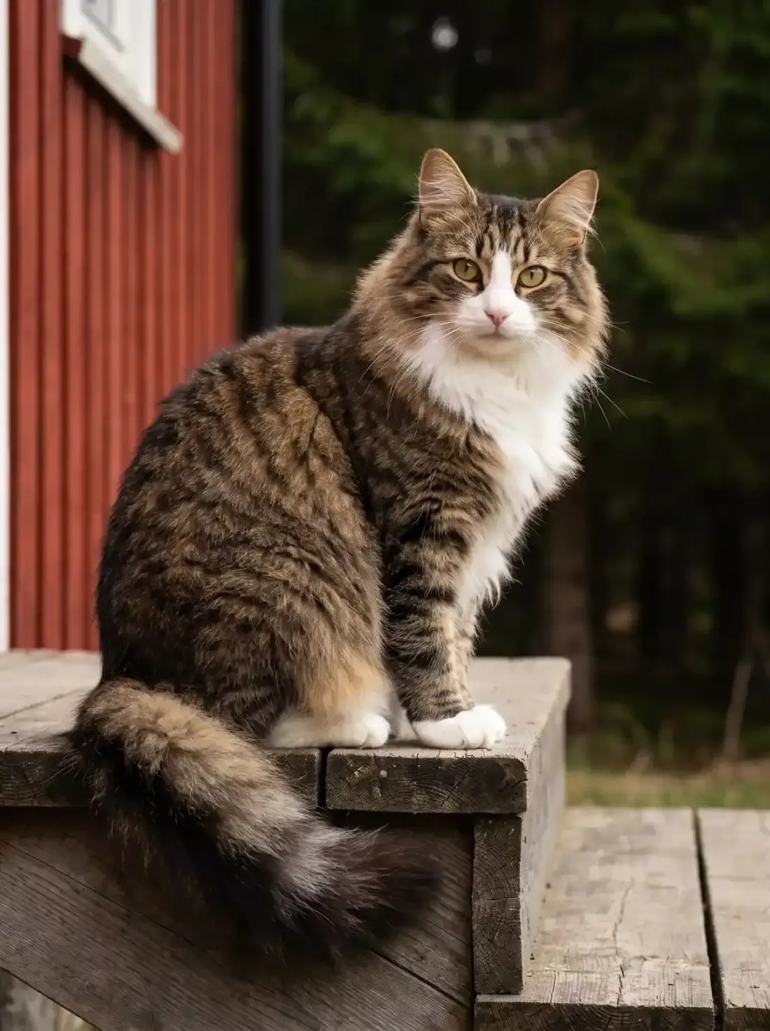 Norwegian Forest Cat, a brown tabby and white adult sitting on a farmhouse step by a spruce forest