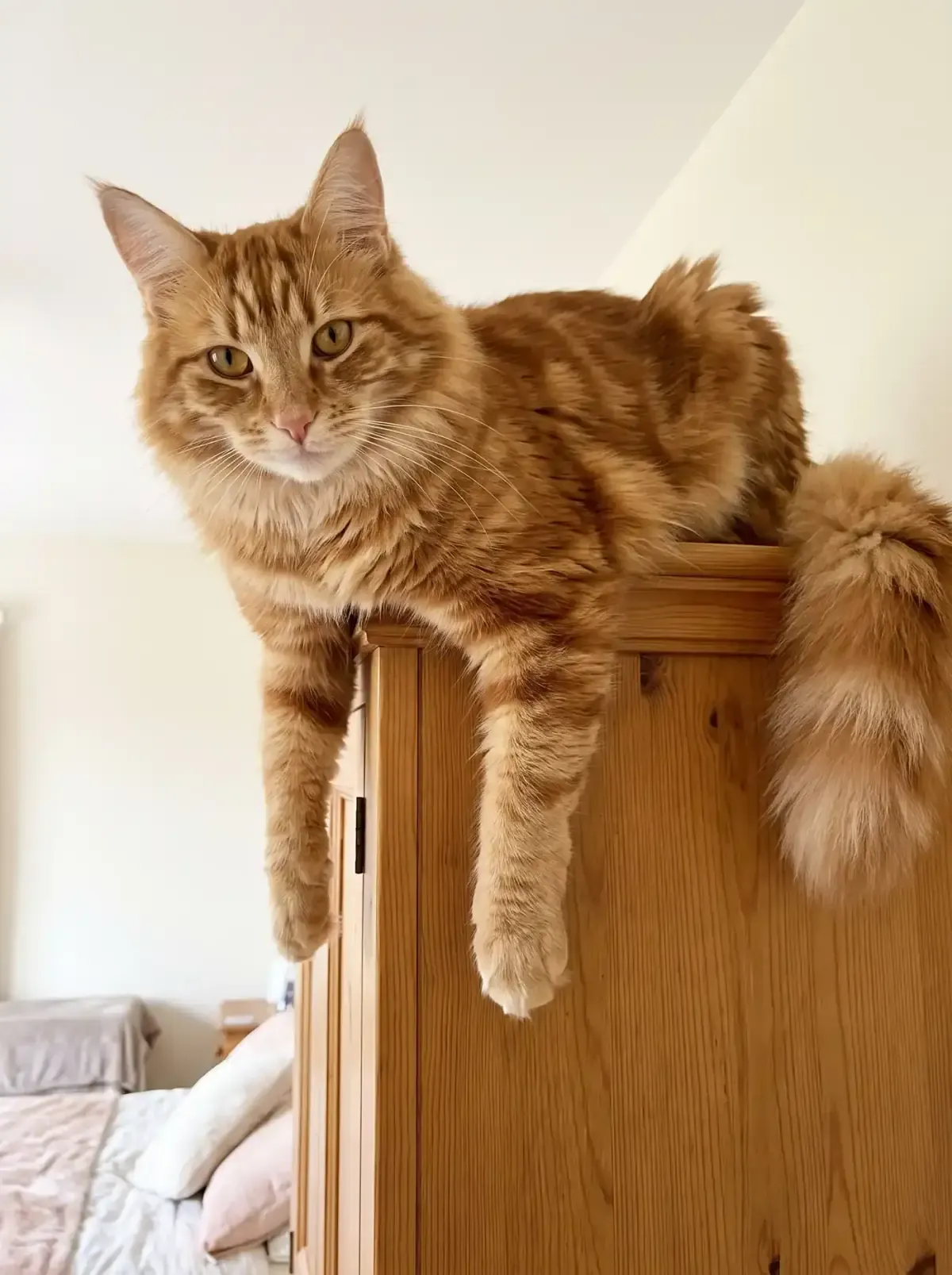 Norwegian Forest Cat, a red tabby adult lying on top of a tall timber wardrobe, looking down at the room