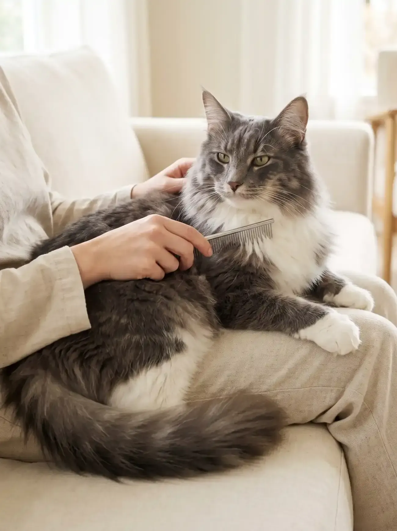 Norwegian Forest Cat, a blue and white adult being combed on a lap on a cream linen sofa