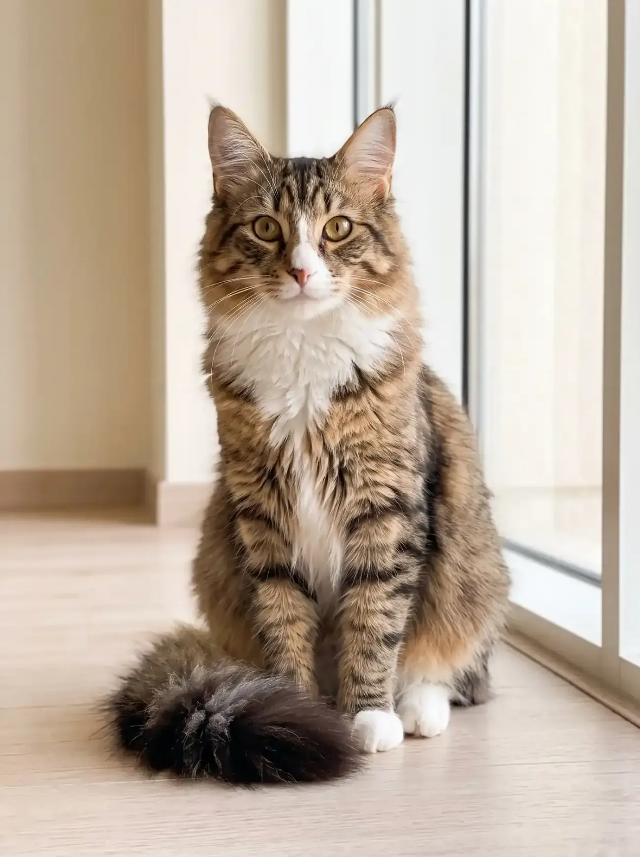 Norwegian Forest Cat, a young brown tabby and white cat sitting on a pale timber floor by a tall window