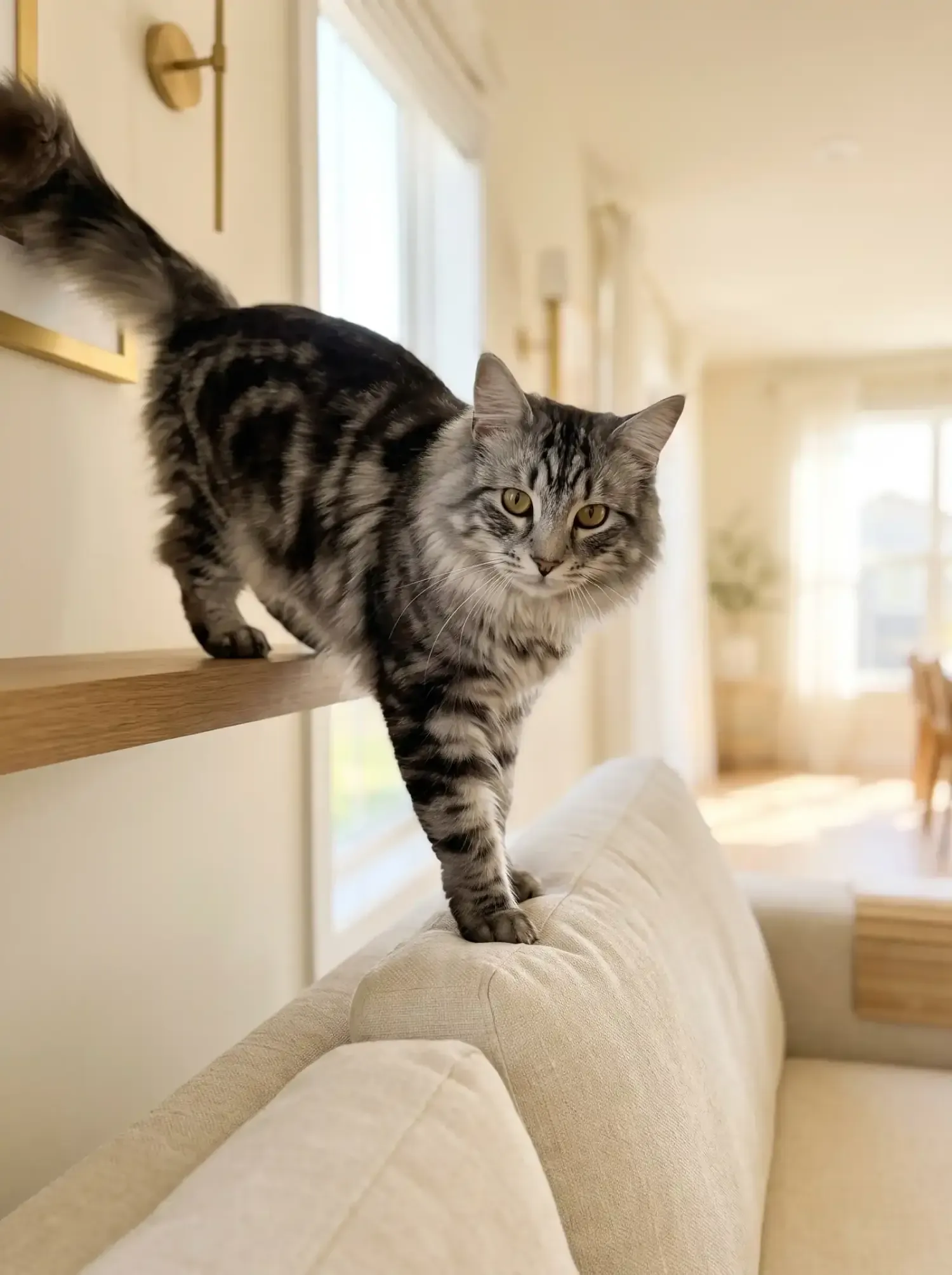 Norwegian Forest Cat, a silver tabby adult stepping down from a wall shelf onto the back of a sofa