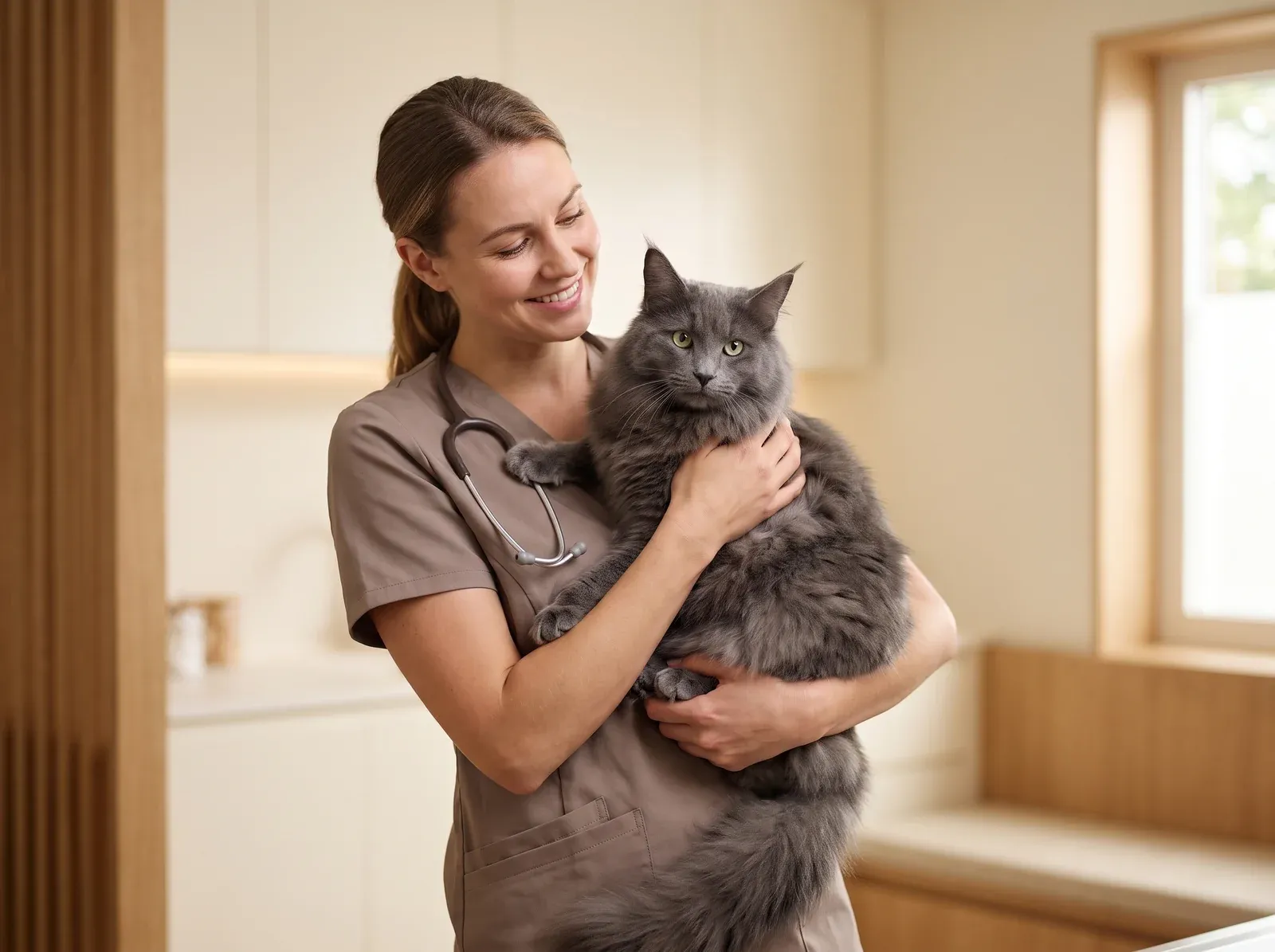 Norwegian Forest Cat, a blue adult held by a smiling vet in taupe scrubs