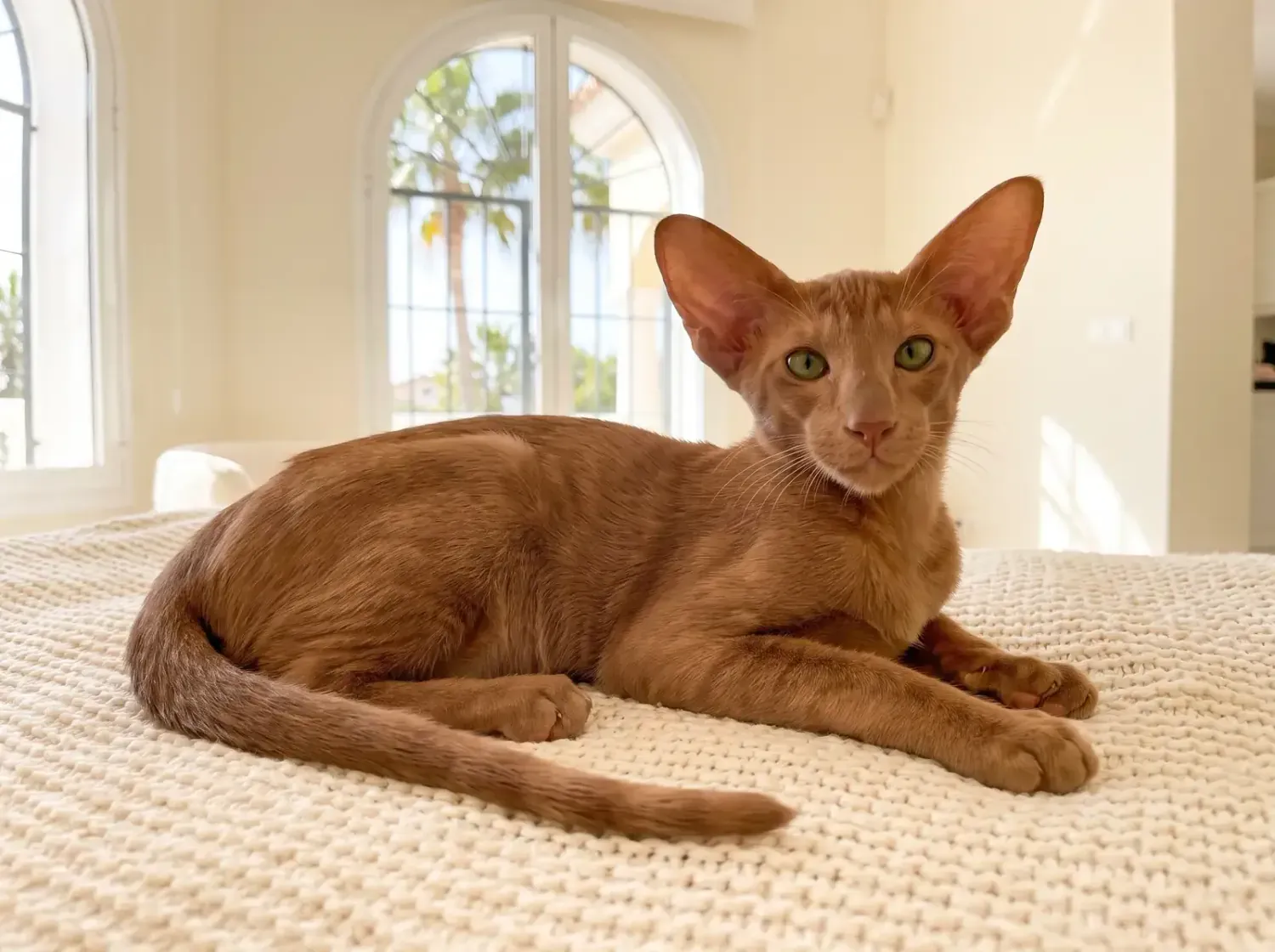 Oriental Shorthair in Dubai, a cinnamon kitten lying on a cream blanket, palms through an arched window