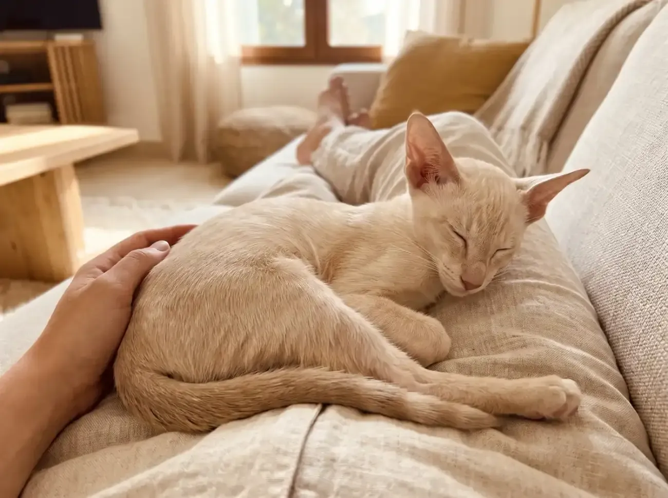 Oriental Shorthair, a cream kitten asleep in a lap on a linen sofa