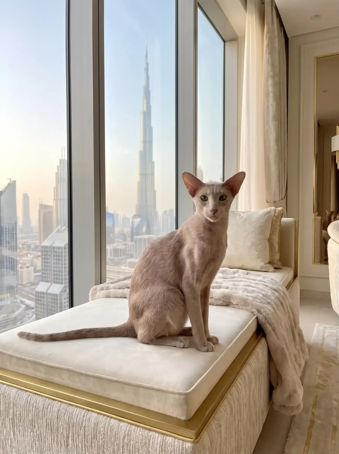Oriental Shorthair in Dubai, the same cat on a window seat, the Burj Khalifa through the window