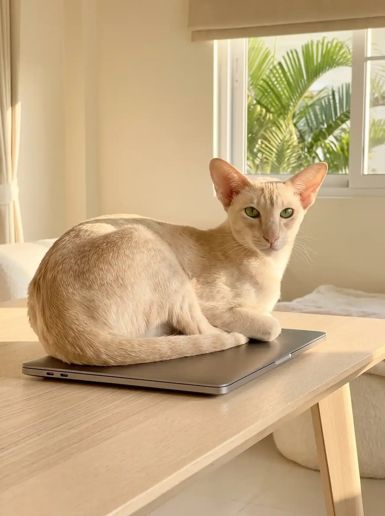 Oriental Shorthair in Dubai, a cream adult curled on a closed laptop, palms through the window