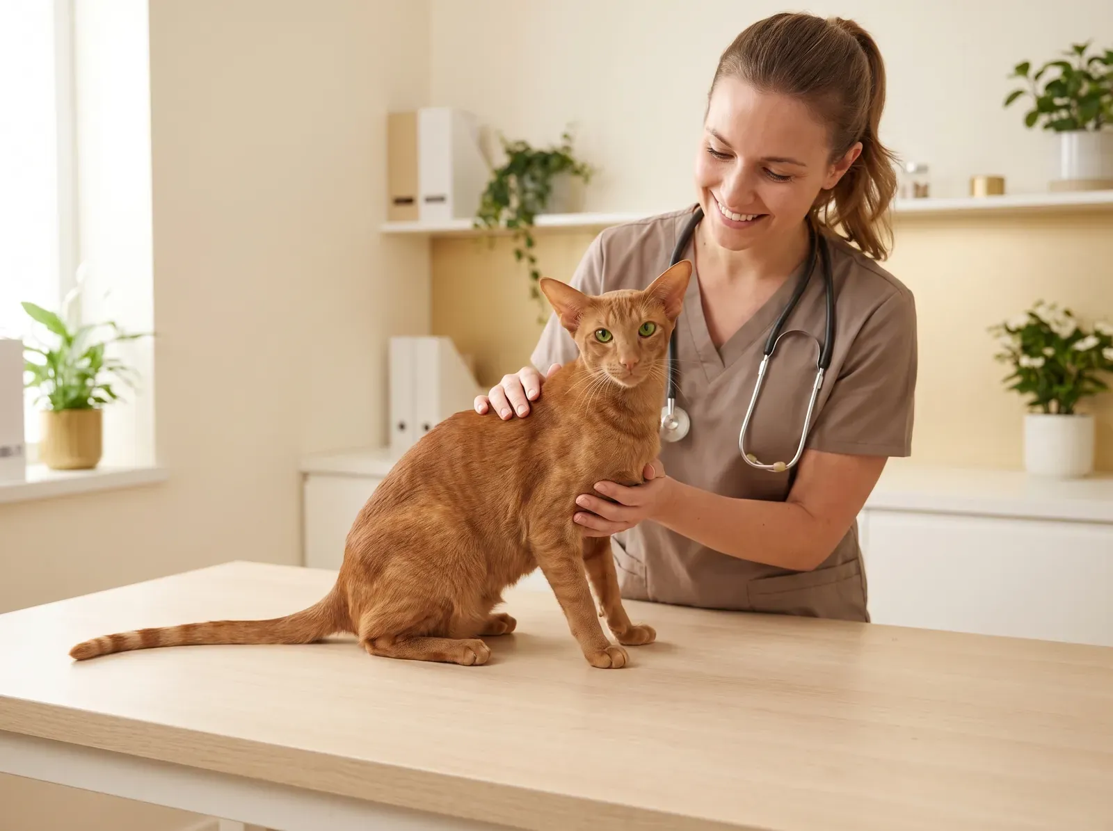 Oriental Shorthair, a red adult on a consultation table beside a smiling vet in taupe scrubs, a hand on the cat
