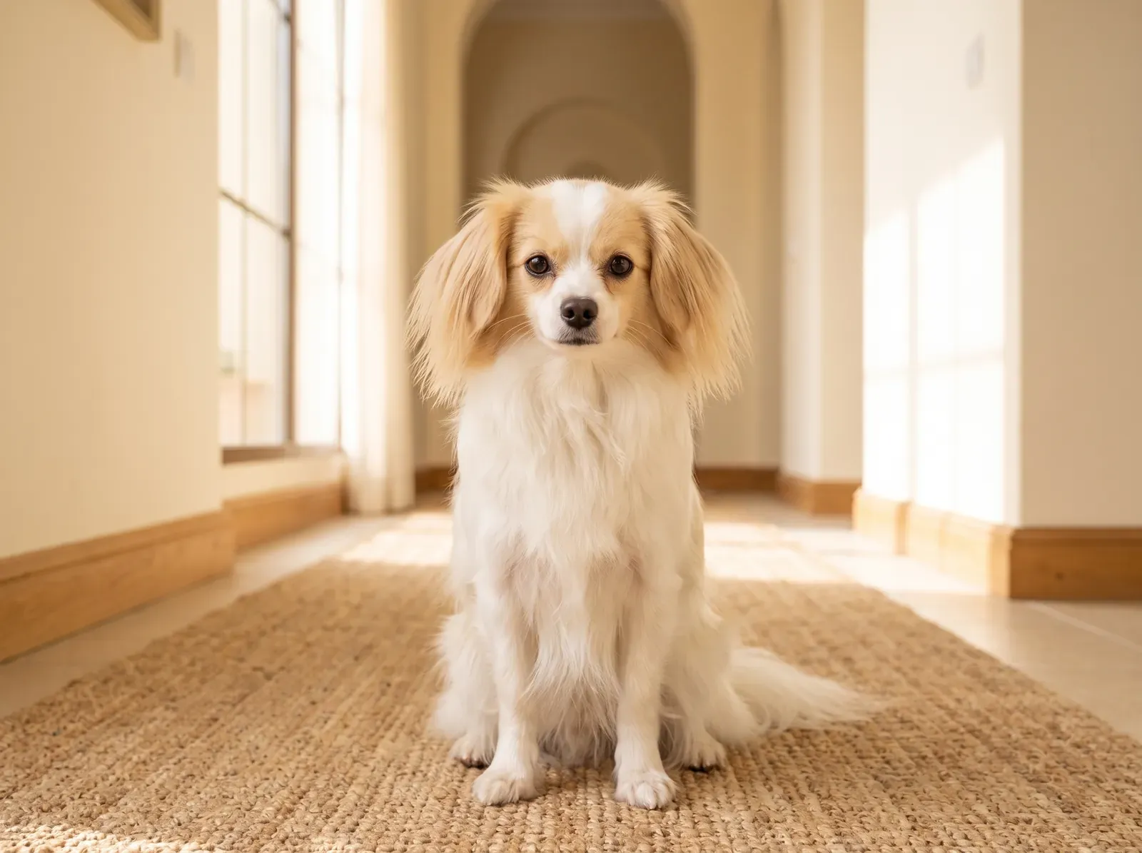 Papillon, a lemon and white Phalène with soft drop ears sitting on a jute rug in a cream hallway