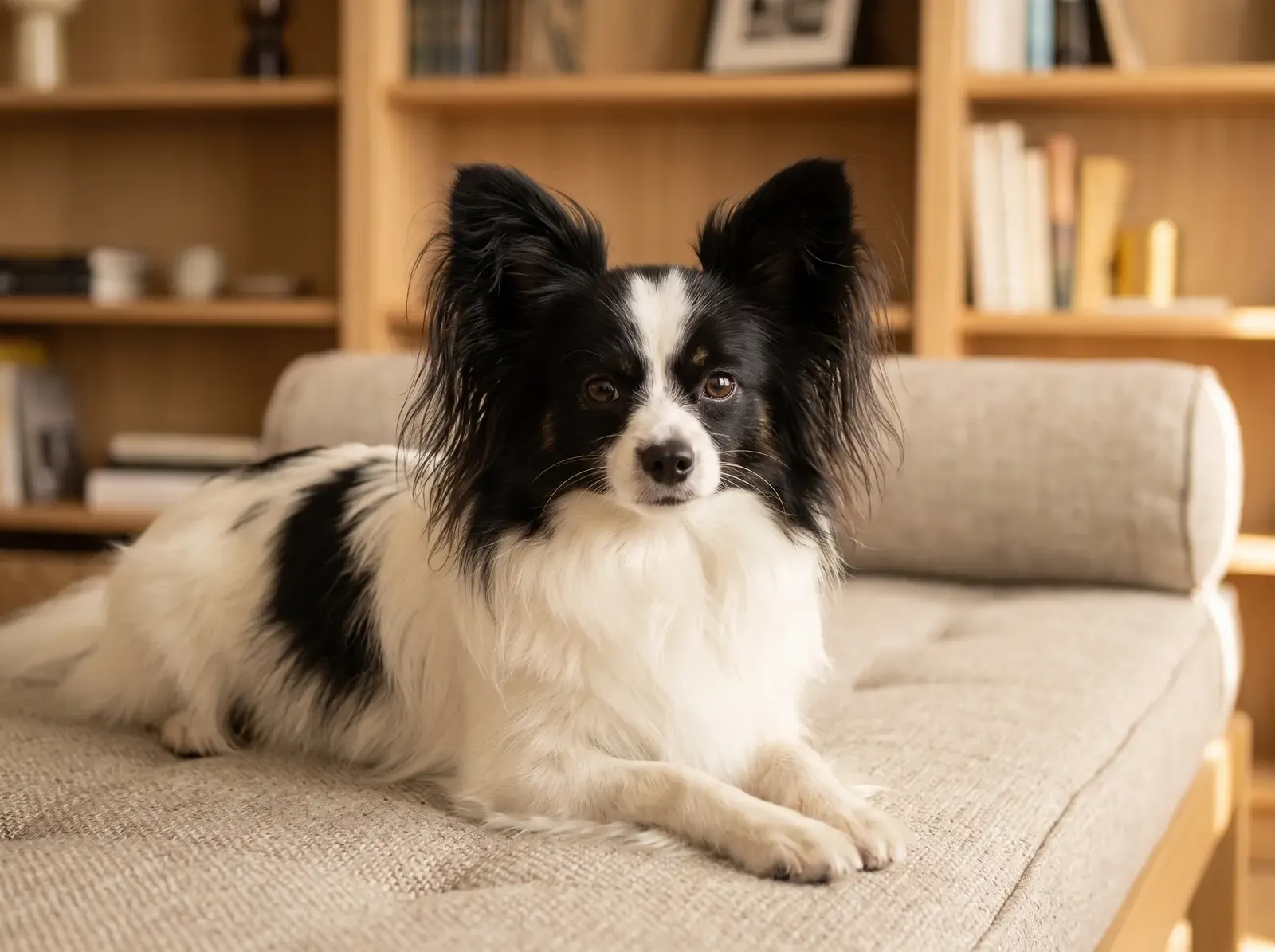 Papillon, a black and white adult lying on a daybed in a study, fringed ears up