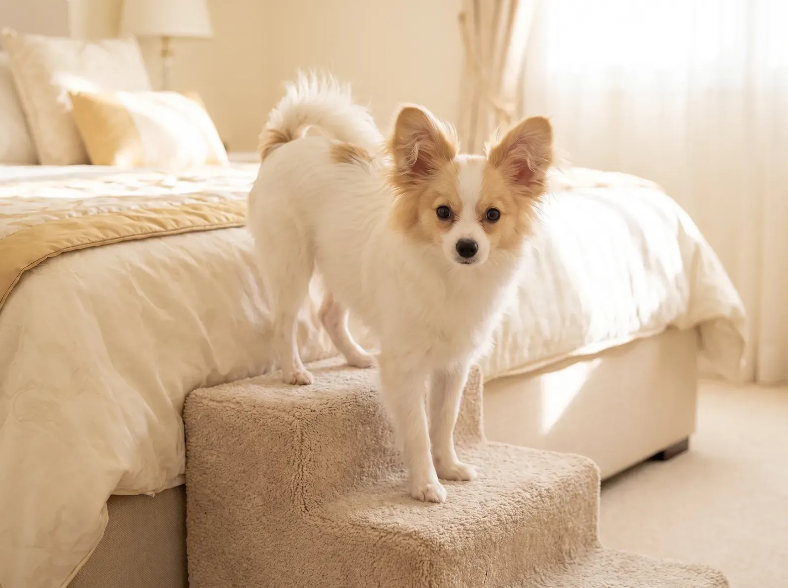 Papillon, a lemon and white young adult on carpeted dog steps up to a low bed