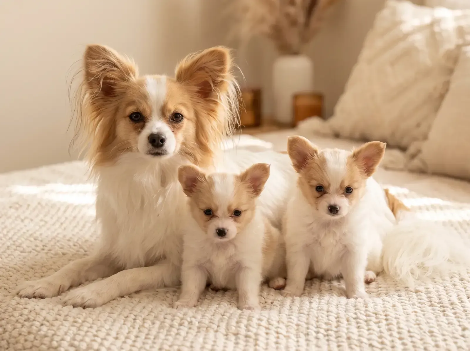 Papillon, a lemon and white mother lying on a cream blanket with two puppies