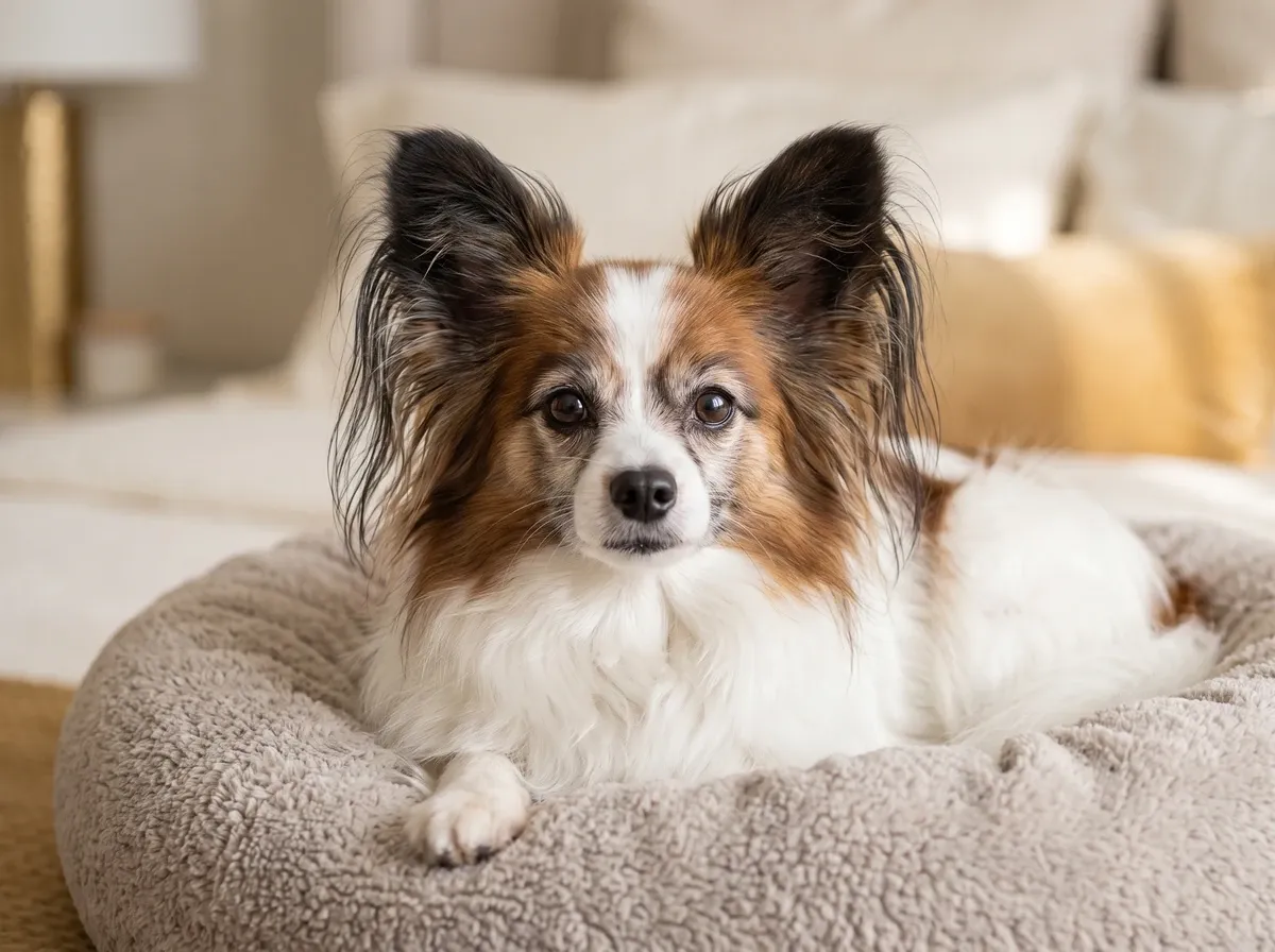 Papillon, an older sable and white adult with a greying muzzle resting on a round bed