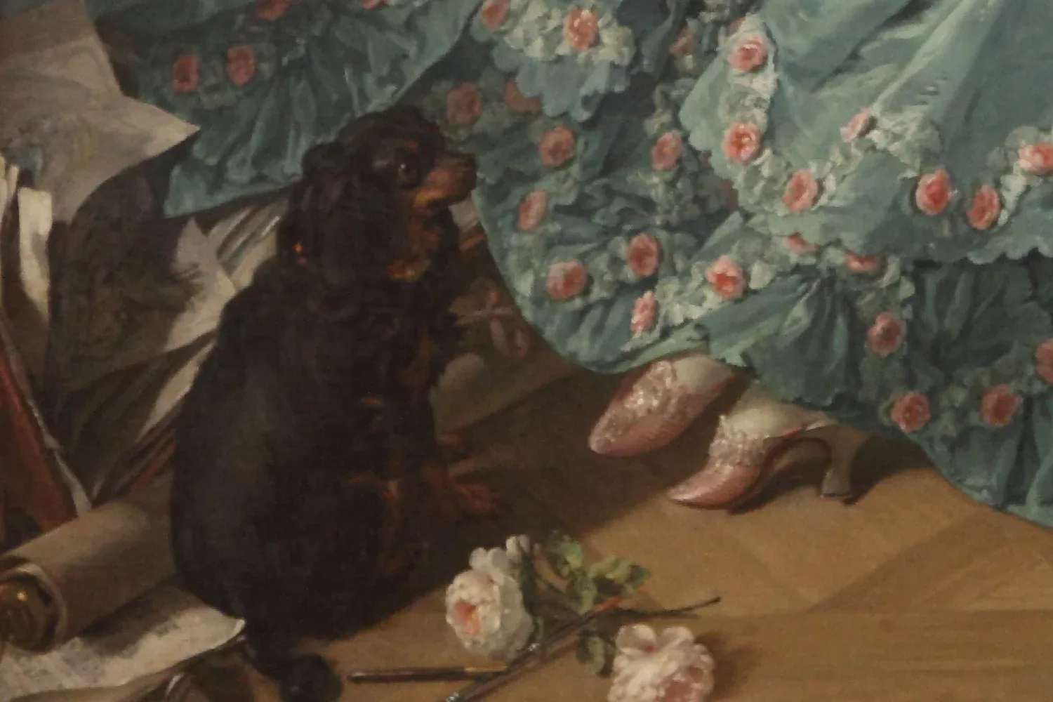 Papillon history, a small black and tan spaniel in a portrait by François Boucher, France, 1756