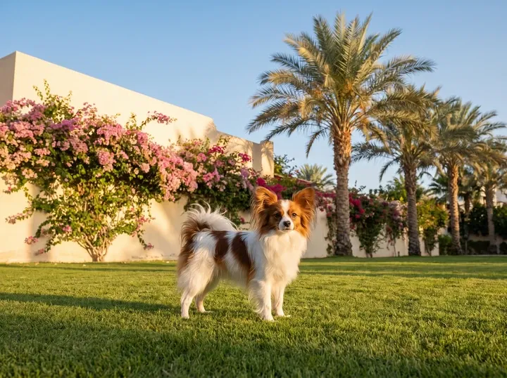 Papillon history, the breed today, a red and white adult standing on a villa lawn by bougainvillea and date palms