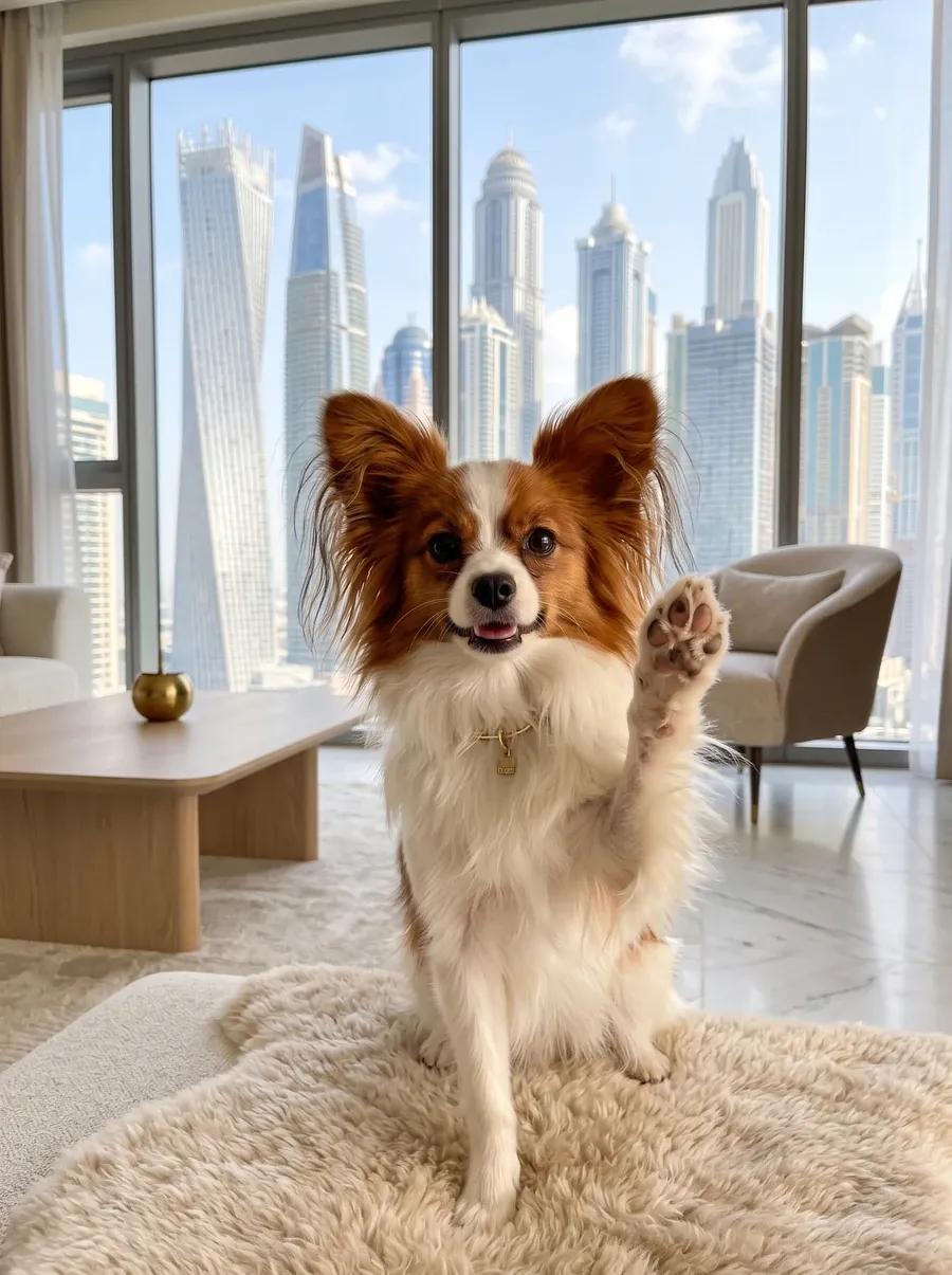 Papillon in Dubai, the same red and white adult waving one paw in a flat with Marina towers beyond