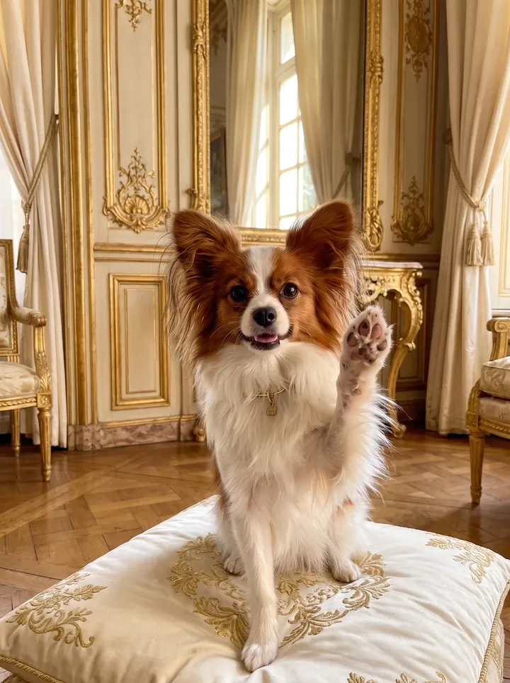 Papillon, a red and white adult waving one paw on a silk cushion in an eighteenth century French salon