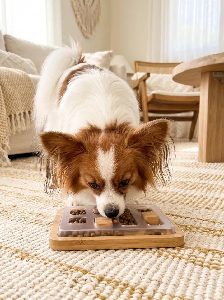 Papillon, nosing at a puzzle feeder on a woven rug in a bright sitting room