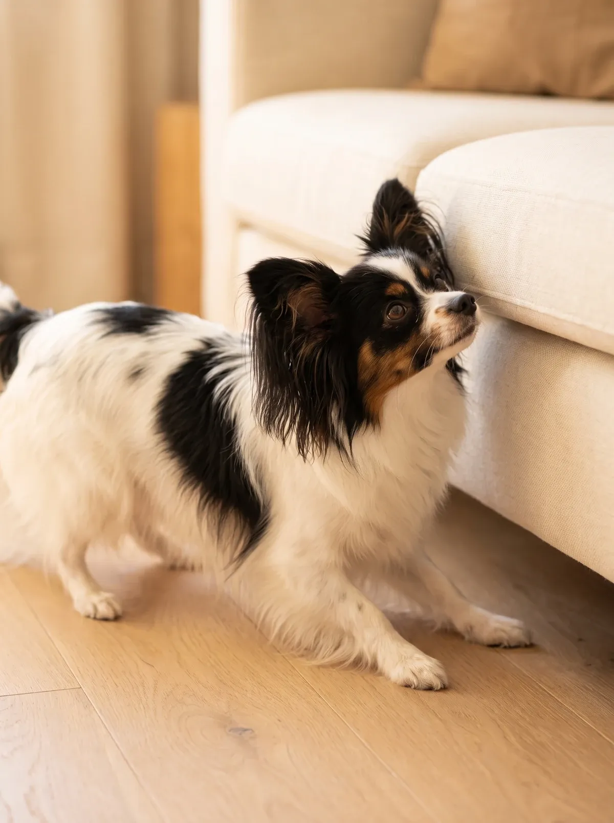 Papillon, a tricolour adult crouched on an oak floor, about to spring onto a cream sofa