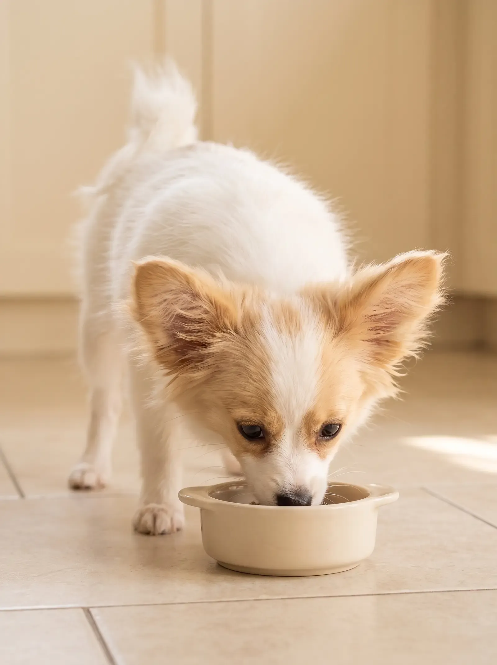 Papillon, a lemon and white puppy eating from a small bowl on cream kitchen tiles