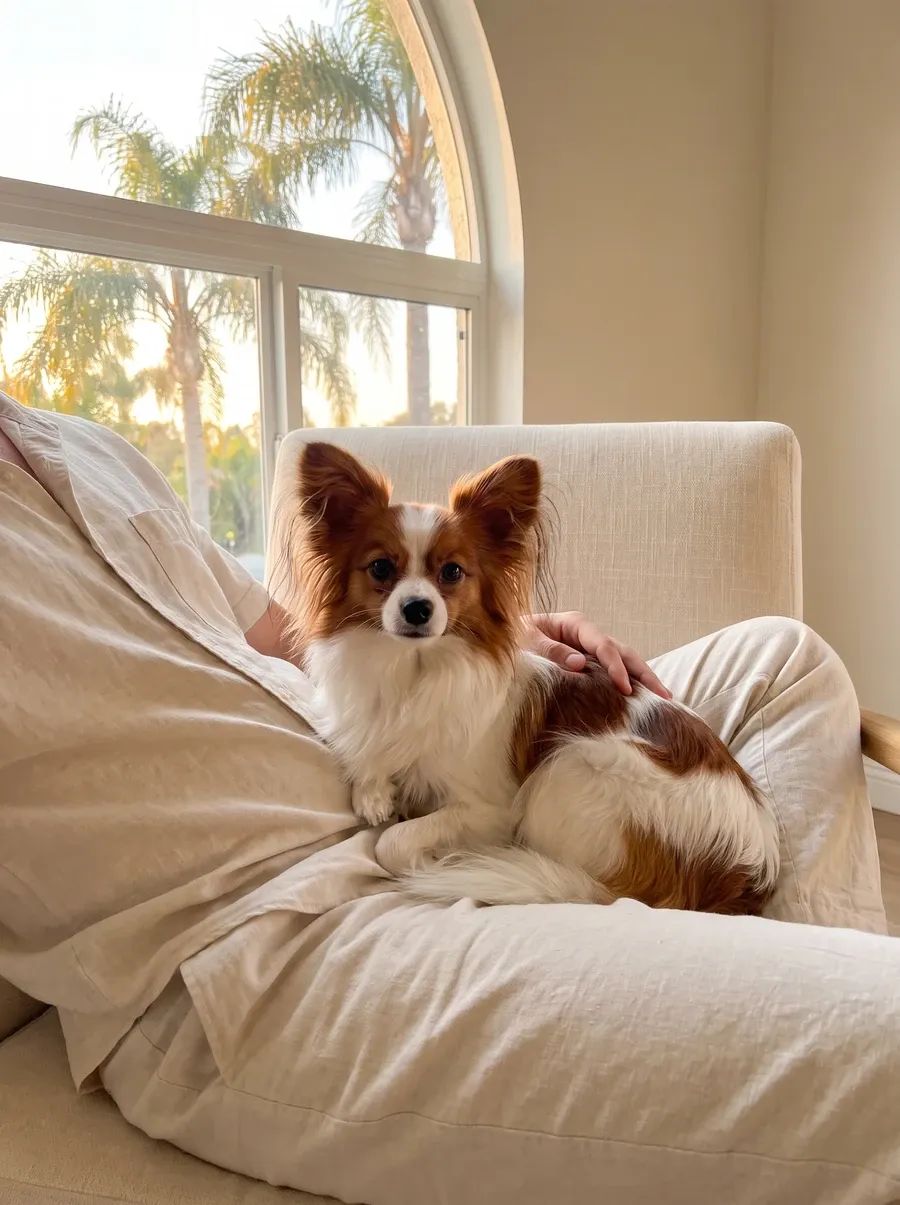 Papillon in Dubai, a red and white adult on a pet parent's lap by an arched window, palms outside