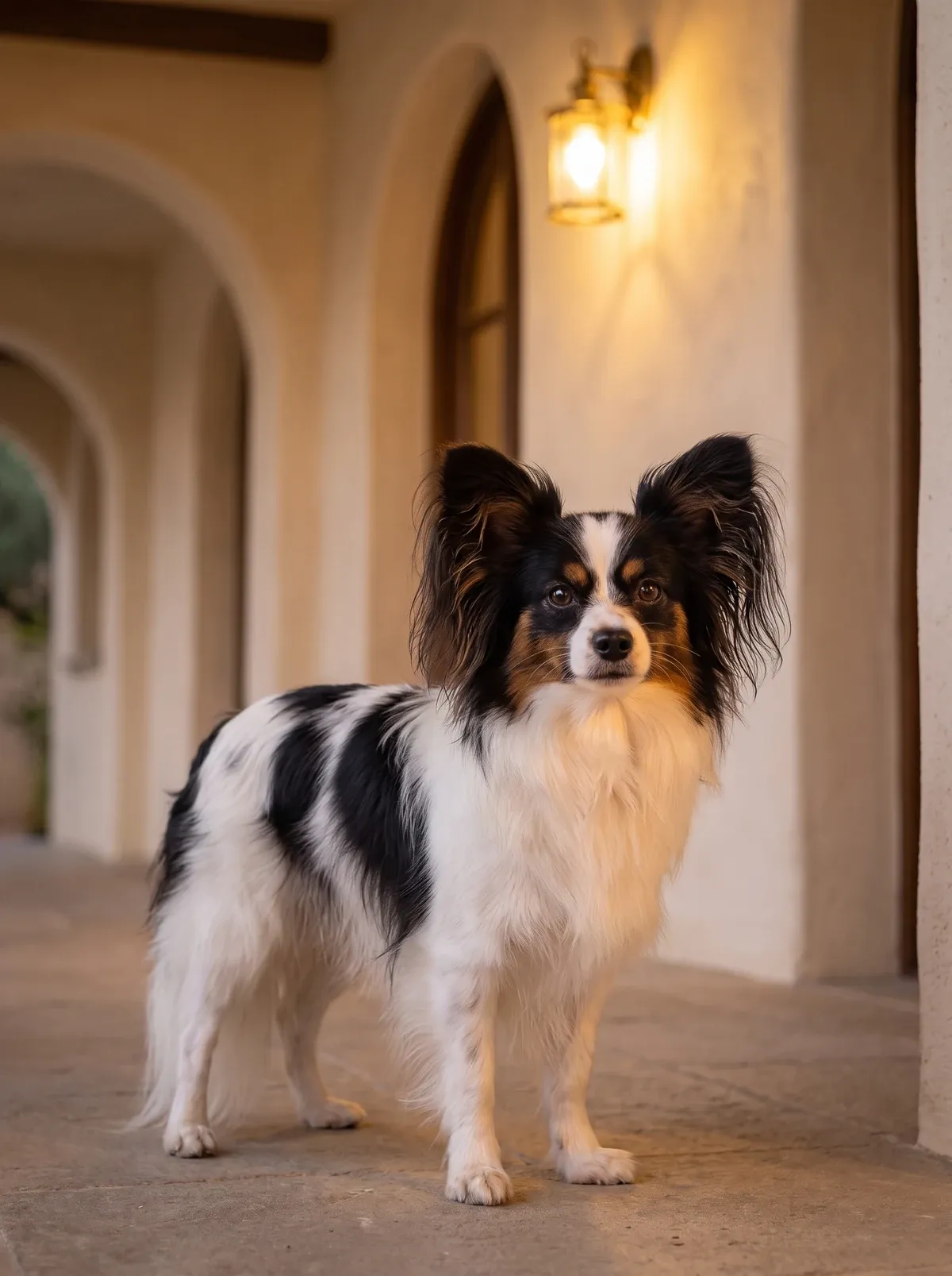 Papillon, a tricolour adult standing calmly under a softly lit arched walkway at dusk