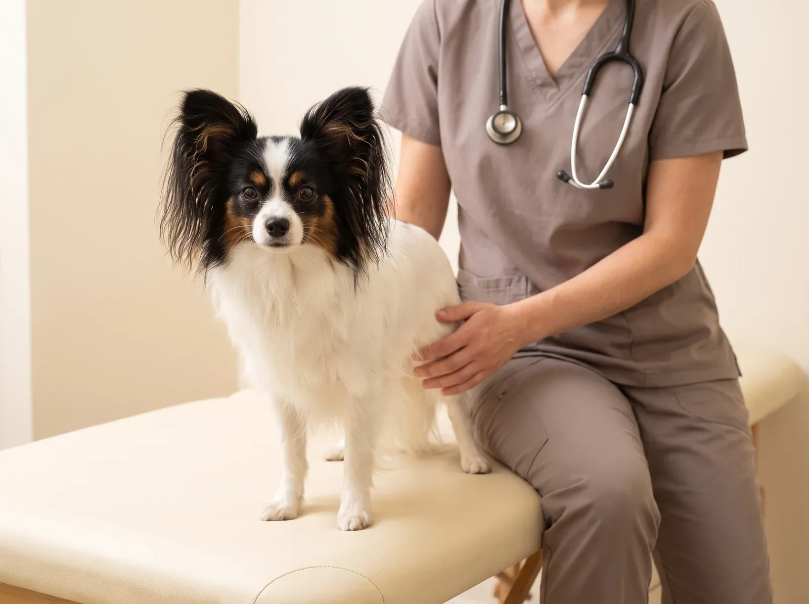 Papillon, a tricolour adult standing on a padded table while a vet in taupe scrubs rests a hand on its hip