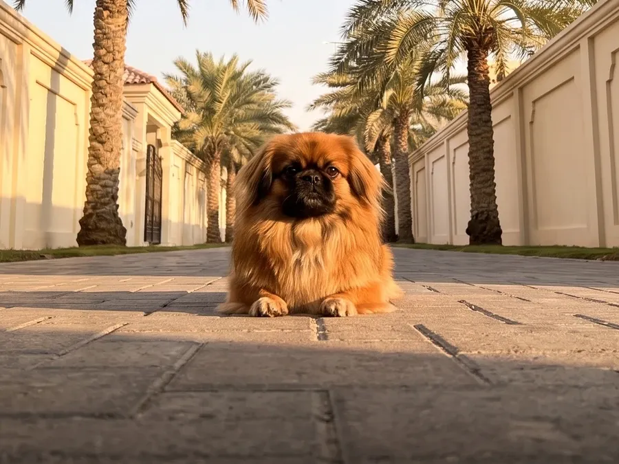 Pekingese in Dubai, a red adult lying on a palm-lined villa path between cream walls