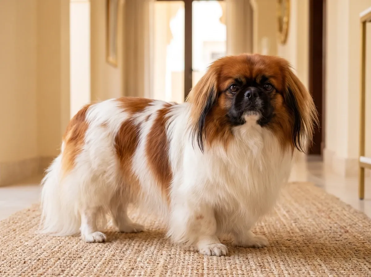 Pekingese, a red and white adult standing on a jute rug in a cream villa hallway